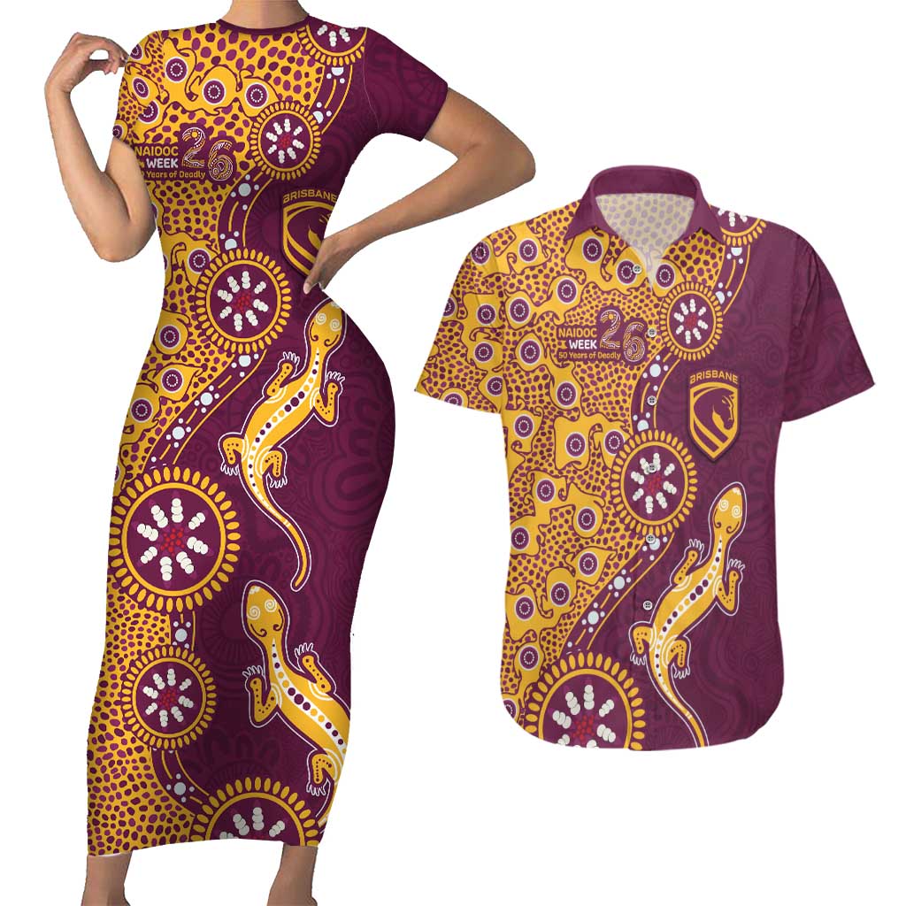 Brisbane Broncos NAIDOC Week 2026 Couples Matching Short Sleeve Bodycon Dress and Hawaiian Shirt Aboriginal Lizard Dot Painting - 50 Years of Deadly