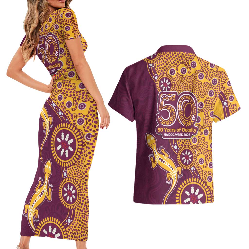 Brisbane Broncos NAIDOC Week 2026 Couples Matching Short Sleeve Bodycon Dress and Hawaiian Shirt Aboriginal Lizard Dot Painting - 50 Years of Deadly