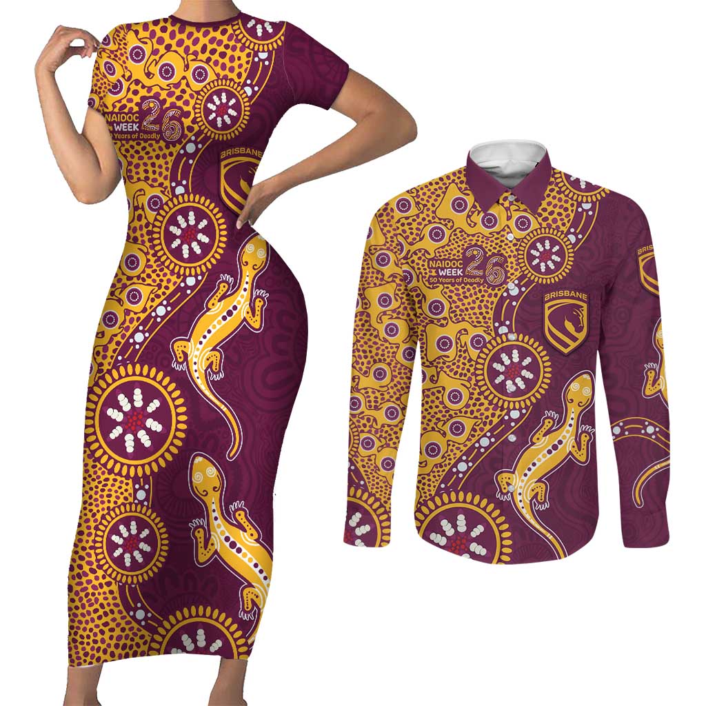 Brisbane Broncos NAIDOC Week 2026 Couples Matching Short Sleeve Bodycon Dress and Long Sleeve Button Shirt Aboriginal Lizard Dot Painting - 50 Years of Deadly
