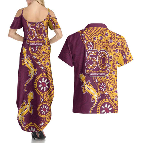 Brisbane Broncos NAIDOC Week 2026 Couples Matching Summer Maxi Dress and Hawaiian Shirt Aboriginal Lizard Dot Painting - 50 Years of Deadly