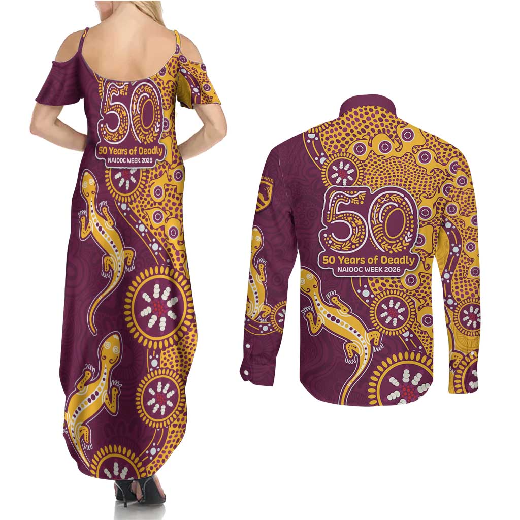 Brisbane Broncos NAIDOC Week 2026 Couples Matching Summer Maxi Dress and Long Sleeve Button Shirt Aboriginal Lizard Dot Painting - 50 Years of Deadly