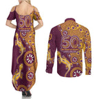 Brisbane Broncos NAIDOC Week 2026 Couples Matching Summer Maxi Dress and Long Sleeve Button Shirt Aboriginal Lizard Dot Painting - 50 Years of Deadly
