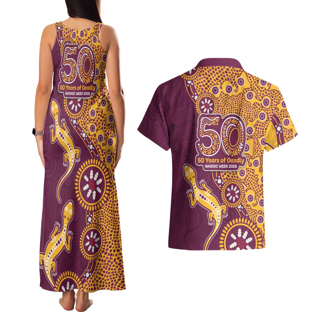 Brisbane Broncos NAIDOC Week 2026 Couples Matching Tank Maxi Dress and Hawaiian Shirt Aboriginal Lizard Dot Painting - 50 Years of Deadly