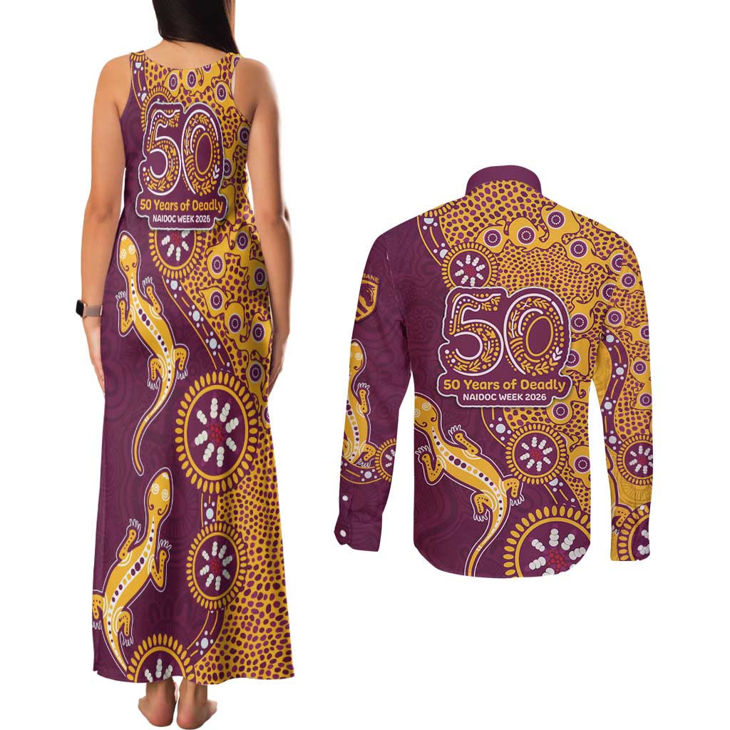 Brisbane Broncos NAIDOC Week 2026 Couples Matching Tank Maxi Dress and Long Sleeve Button Shirt Aboriginal Lizard Dot Painting - 50 Years of Deadly