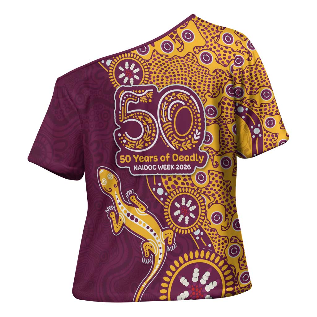 Brisbane Broncos NAIDOC Week 2026 Cross Shoulder Shirt Aboriginal Lizard Dot Painting - 50 Years of Deadly