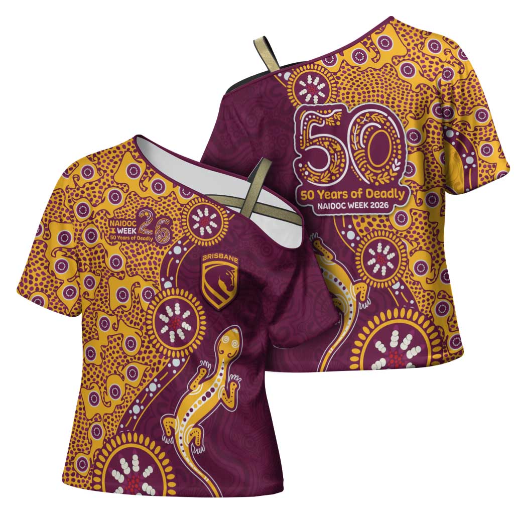 Brisbane Broncos NAIDOC Week 2026 Cross Shoulder Shirt Aboriginal Lizard Dot Painting - 50 Years of Deadly