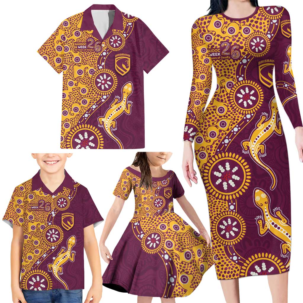 Brisbane Broncos NAIDOC Week 2026 Family Matching Long Sleeve Bodycon Dress and Hawaiian Shirt Aboriginal Lizard Dot Painting - 50 Years of Deadly