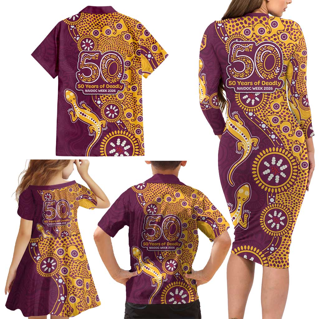 Brisbane Broncos NAIDOC Week 2026 Family Matching Long Sleeve Bodycon Dress and Hawaiian Shirt Aboriginal Lizard Dot Painting - 50 Years of Deadly