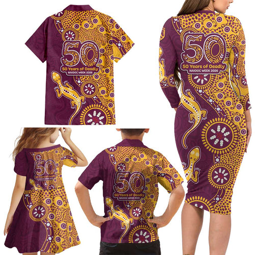 Brisbane Broncos NAIDOC Week 2026 Family Matching Long Sleeve Bodycon Dress and Hawaiian Shirt Aboriginal Lizard Dot Painting - 50 Years of Deadly