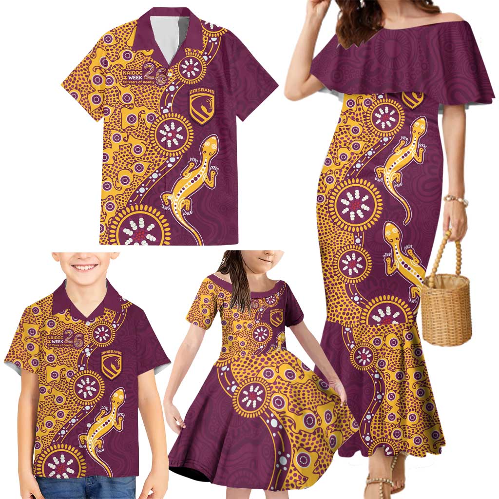 Brisbane Broncos NAIDOC Week 2026 Family Matching Mermaid Dress and Hawaiian Shirt Aboriginal Lizard Dot Painting - 50 Years of Deadly