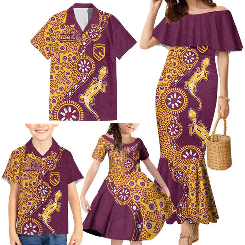 Brisbane Broncos NAIDOC Week 2026 Family Matching Mermaid Dress and Hawaiian Shirt Aboriginal Lizard Dot Painting - 50 Years of Deadly