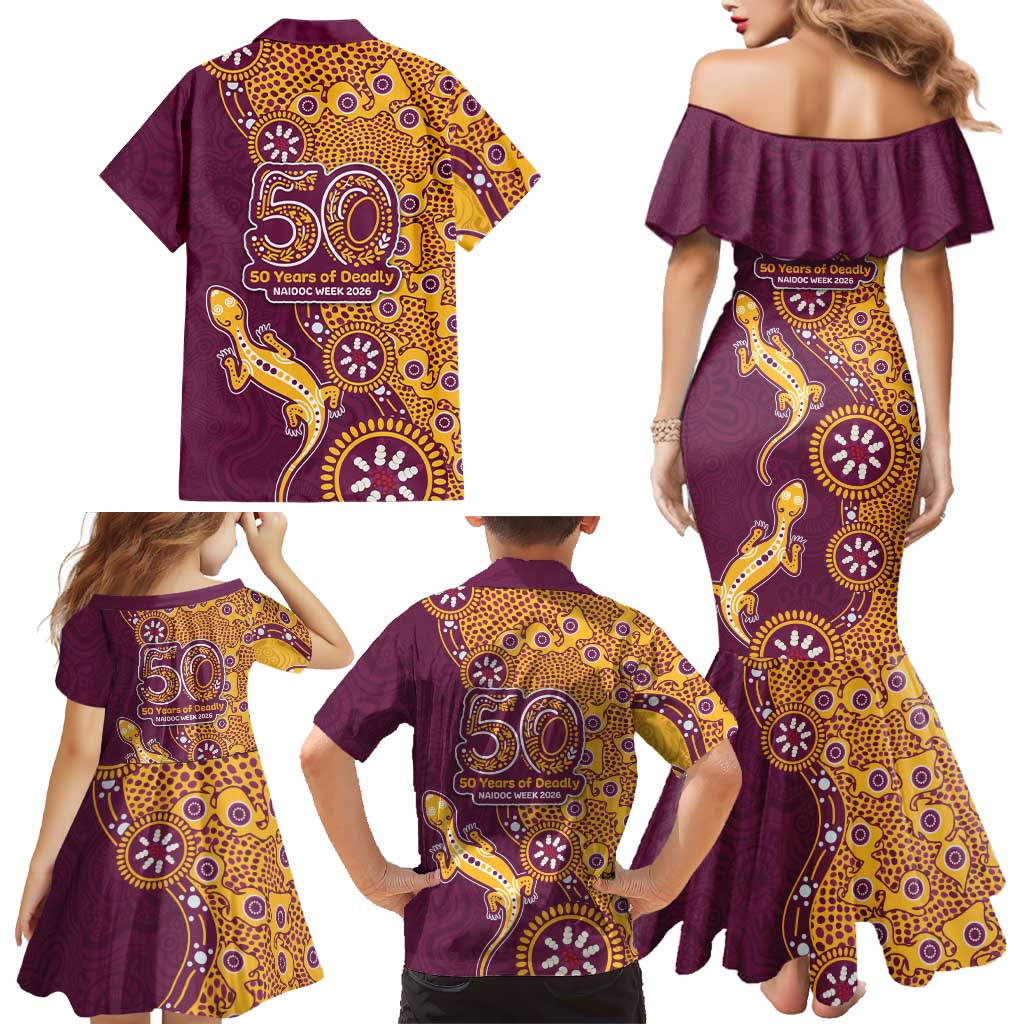 Brisbane Broncos NAIDOC Week 2026 Family Matching Mermaid Dress and Hawaiian Shirt Aboriginal Lizard Dot Painting - 50 Years of Deadly