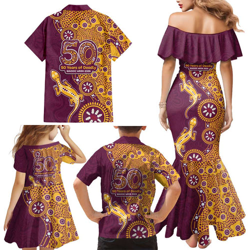 Brisbane Broncos NAIDOC Week 2026 Family Matching Mermaid Dress and Hawaiian Shirt Aboriginal Lizard Dot Painting - 50 Years of Deadly
