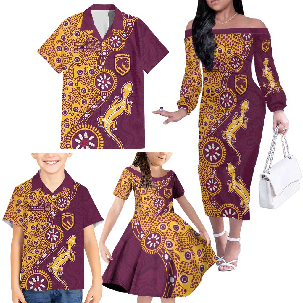 Brisbane Broncos NAIDOC Week 2026 Family Matching Off The Shoulder Long Sleeve Dress and Hawaiian Shirt Aboriginal Lizard Dot Painting - 50 Years of Deadly