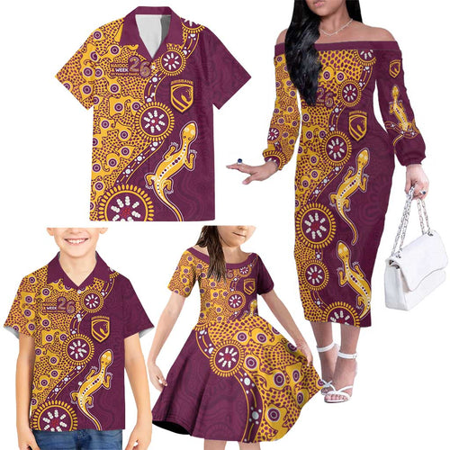Brisbane Broncos NAIDOC Week 2026 Family Matching Off The Shoulder Long Sleeve Dress and Hawaiian Shirt Aboriginal Lizard Dot Painting - 50 Years of Deadly