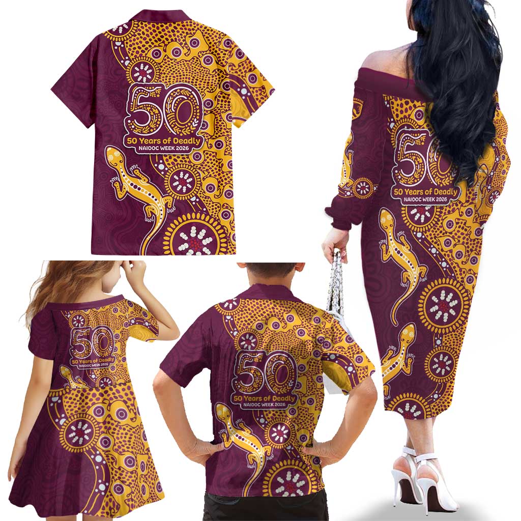 Brisbane Broncos NAIDOC Week 2026 Family Matching Off The Shoulder Long Sleeve Dress and Hawaiian Shirt Aboriginal Lizard Dot Painting - 50 Years of Deadly