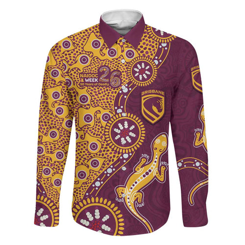 Brisbane Broncos NAIDOC Week 2026 Family Matching Off The Shoulder Long Sleeve Dress and Hawaiian Shirt Aboriginal Lizard Dot Painting - 50 Years of Deadly