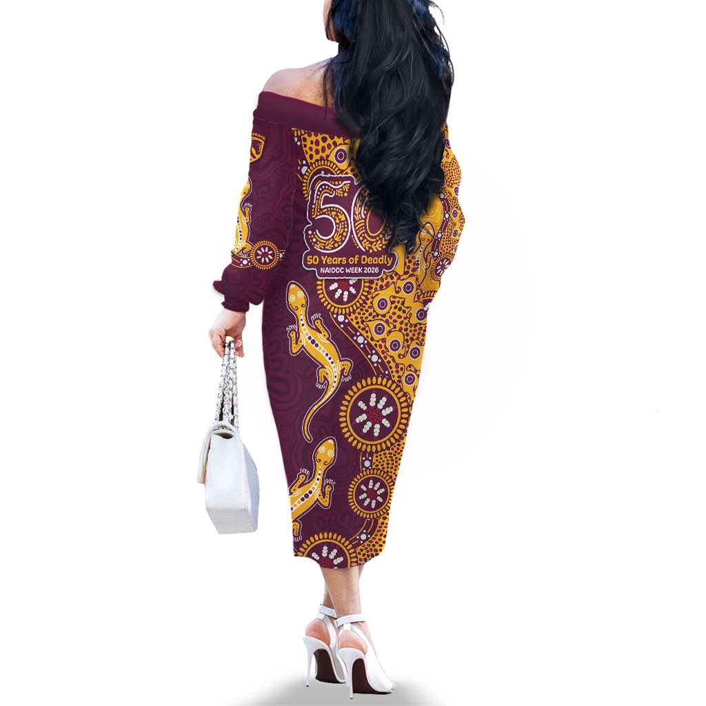 Brisbane Broncos NAIDOC Week 2026 Family Matching Off The Shoulder Long Sleeve Dress and Hawaiian Shirt Aboriginal Lizard Dot Painting - 50 Years of Deadly