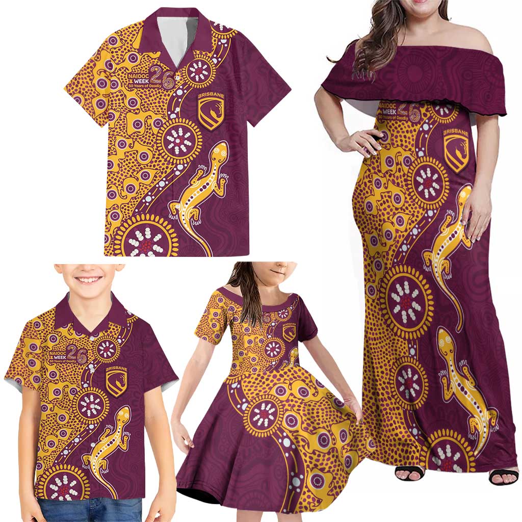 Brisbane Broncos NAIDOC Week 2026 Family Matching Off Shoulder Maxi Dress and Hawaiian Shirt Aboriginal Lizard Dot Painting - 50 Years of Deadly
