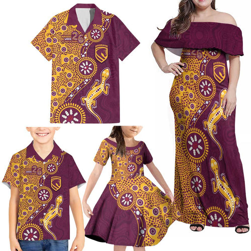 Brisbane Broncos NAIDOC Week 2026 Family Matching Off Shoulder Maxi Dress and Hawaiian Shirt Aboriginal Lizard Dot Painting - 50 Years of Deadly