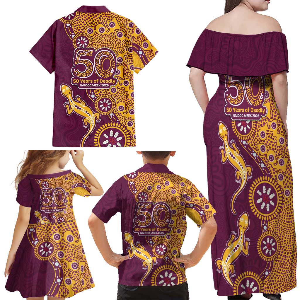 Brisbane Broncos NAIDOC Week 2026 Family Matching Off Shoulder Maxi Dress and Hawaiian Shirt Aboriginal Lizard Dot Painting - 50 Years of Deadly