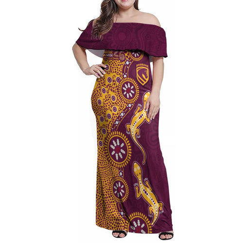 Brisbane Broncos NAIDOC Week 2026 Family Matching Off Shoulder Maxi Dress and Hawaiian Shirt Aboriginal Lizard Dot Painting - 50 Years of Deadly