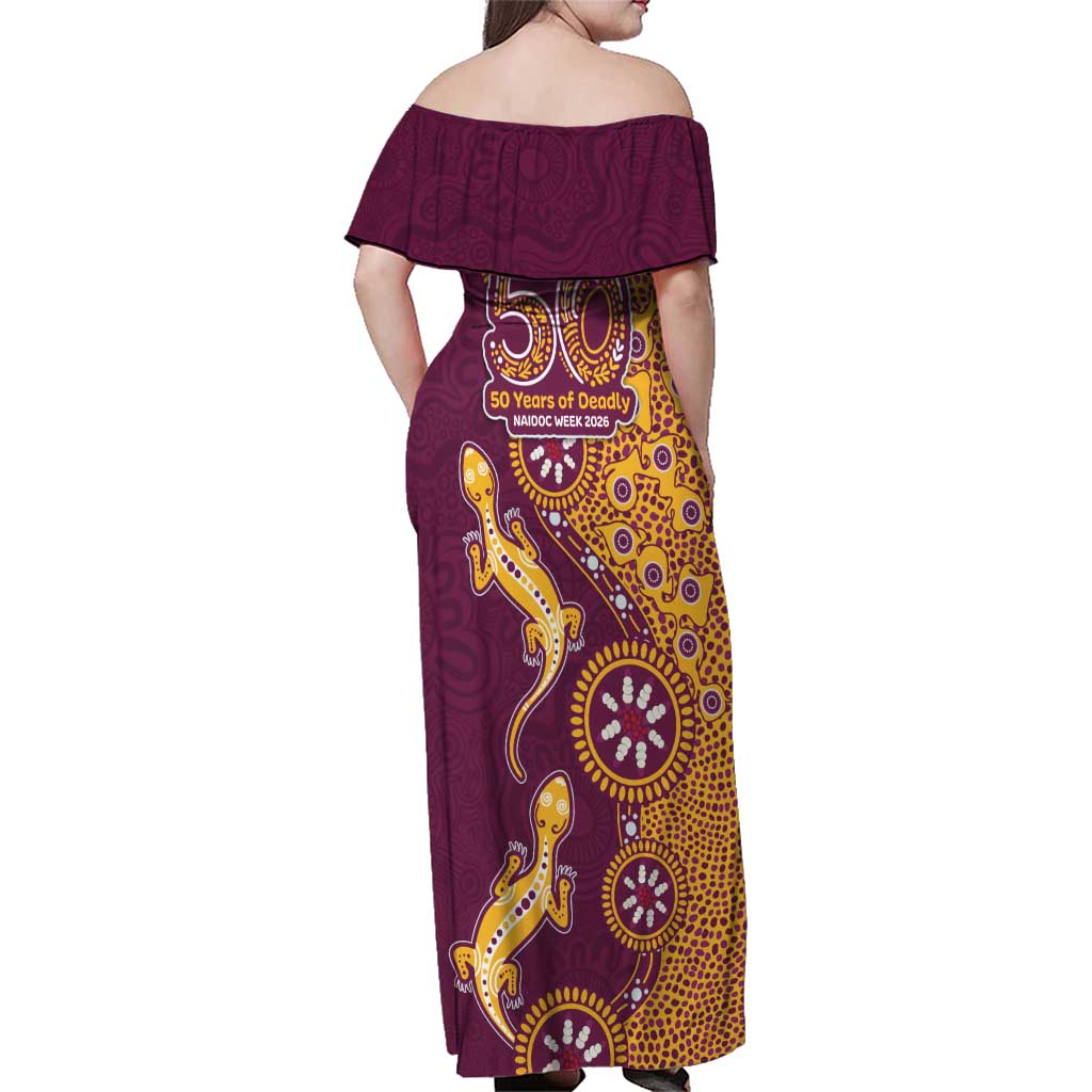 Brisbane Broncos NAIDOC Week 2026 Family Matching Off Shoulder Maxi Dress and Hawaiian Shirt Aboriginal Lizard Dot Painting - 50 Years of Deadly