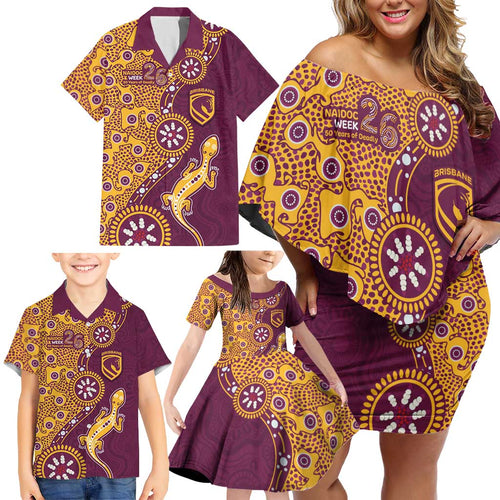 Brisbane Broncos NAIDOC Week 2026 Family Matching Off Shoulder Short Dress and Hawaiian Shirt Aboriginal Lizard Dot Painting - 50 Years of Deadly