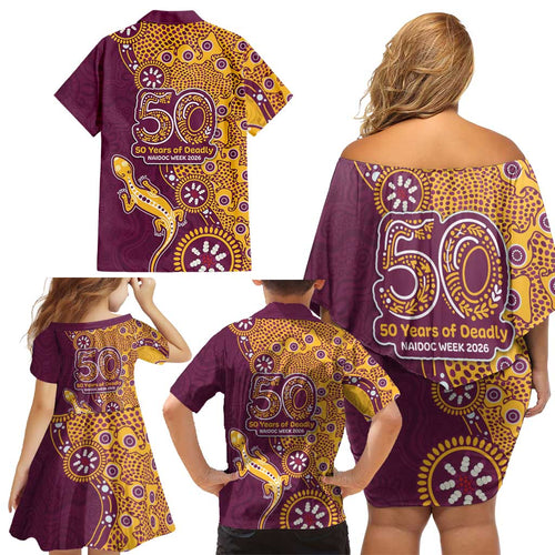 Brisbane Broncos NAIDOC Week 2026 Family Matching Off Shoulder Short Dress and Hawaiian Shirt Aboriginal Lizard Dot Painting - 50 Years of Deadly