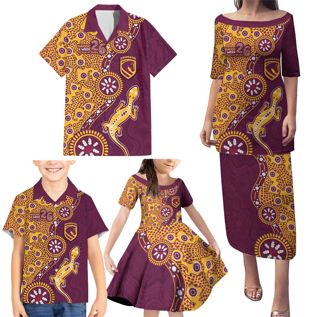 Brisbane Broncos NAIDOC Week 2026 Family Matching Puletasi and Hawaiian Shirt Aboriginal Lizard Dot Painting - 50 Years of Deadly