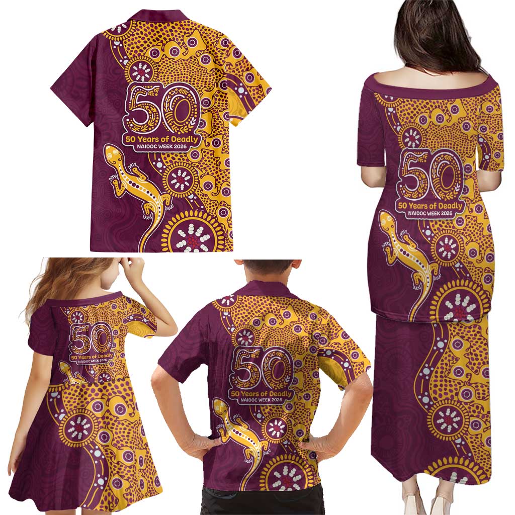 Brisbane Broncos NAIDOC Week 2026 Family Matching Puletasi and Hawaiian Shirt Aboriginal Lizard Dot Painting - 50 Years of Deadly