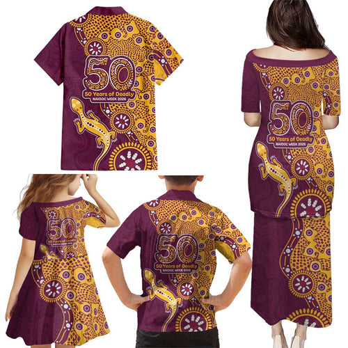 Brisbane Broncos NAIDOC Week 2026 Family Matching Puletasi and Hawaiian Shirt Aboriginal Lizard Dot Painting - 50 Years of Deadly