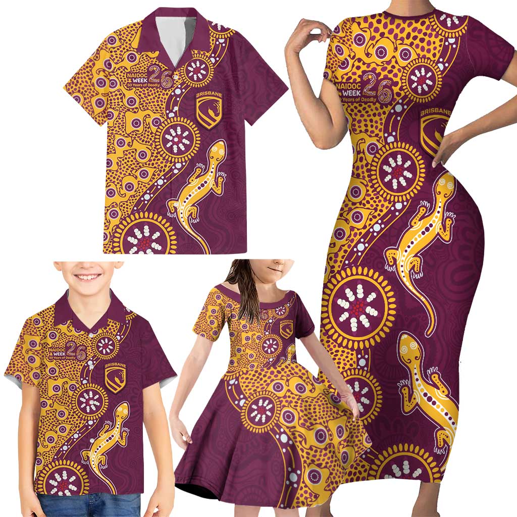 Brisbane Broncos NAIDOC Week 2026 Family Matching Short Sleeve Bodycon Dress and Hawaiian Shirt Aboriginal Lizard Dot Painting - 50 Years of Deadly