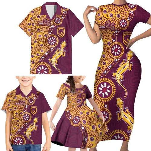 Brisbane Broncos NAIDOC Week 2026 Family Matching Short Sleeve Bodycon Dress and Hawaiian Shirt Aboriginal Lizard Dot Painting - 50 Years of Deadly