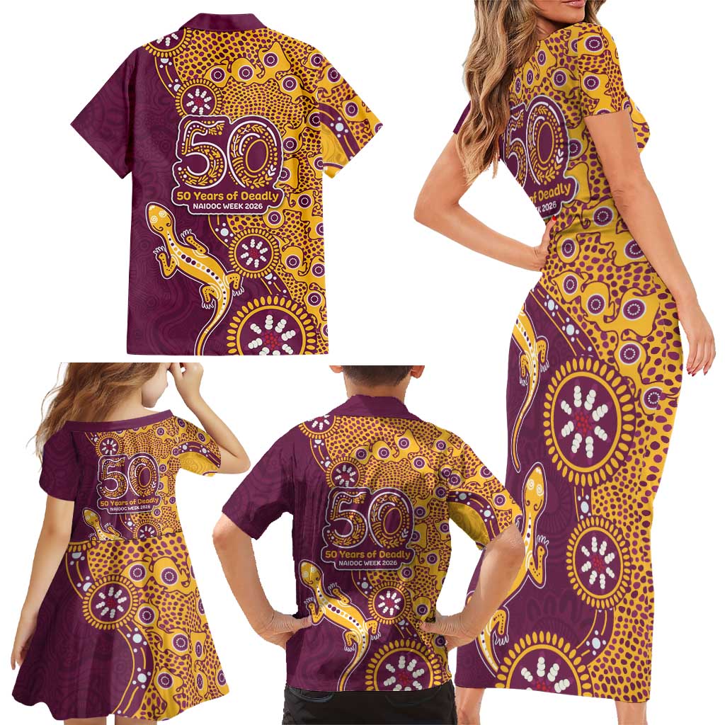 Brisbane Broncos NAIDOC Week 2026 Family Matching Short Sleeve Bodycon Dress and Hawaiian Shirt Aboriginal Lizard Dot Painting - 50 Years of Deadly