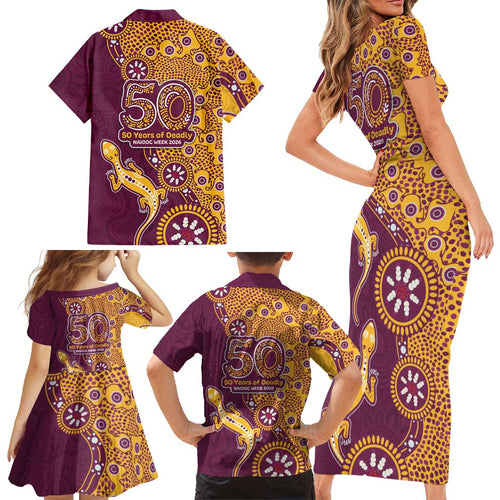 Brisbane Broncos NAIDOC Week 2026 Family Matching Short Sleeve Bodycon Dress and Hawaiian Shirt Aboriginal Lizard Dot Painting - 50 Years of Deadly