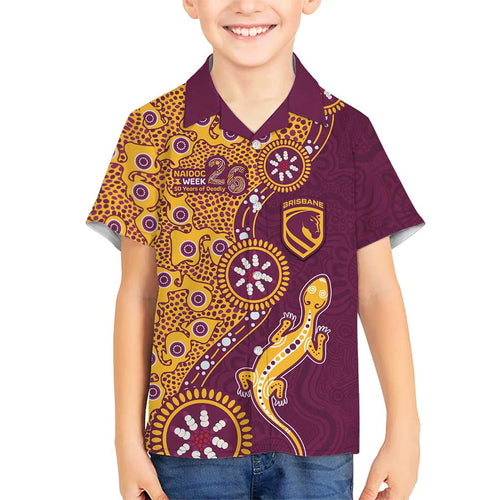Brisbane Broncos NAIDOC Week 2026 Family Matching Short Sleeve Bodycon Dress and Hawaiian Shirt Aboriginal Lizard Dot Painting - 50 Years of Deadly