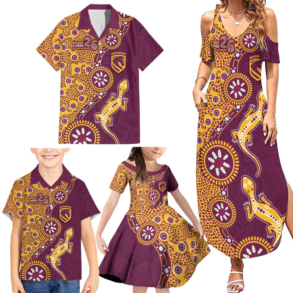 Brisbane Broncos NAIDOC Week 2026 Family Matching Summer Maxi Dress and Hawaiian Shirt Aboriginal Lizard Dot Painting - 50 Years of Deadly