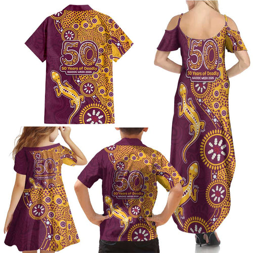Brisbane Broncos NAIDOC Week 2026 Family Matching Summer Maxi Dress and Hawaiian Shirt Aboriginal Lizard Dot Painting - 50 Years of Deadly