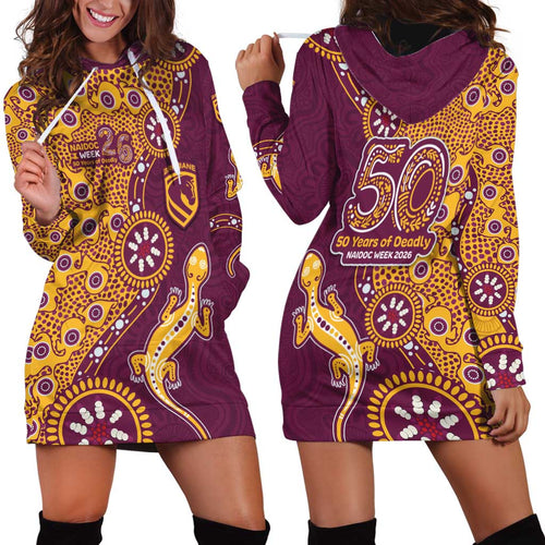 Brisbane Broncos NAIDOC Week 2026 Hoodie Dress Aboriginal Lizard Dot Painting - 50 Years of Deadly