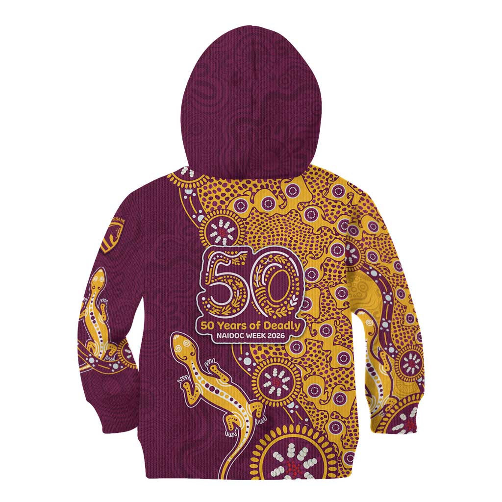 Brisbane Broncos NAIDOC Week 2026 Kid Hoodie Aboriginal Lizard Dot Painting - 50 Years of Deadly
