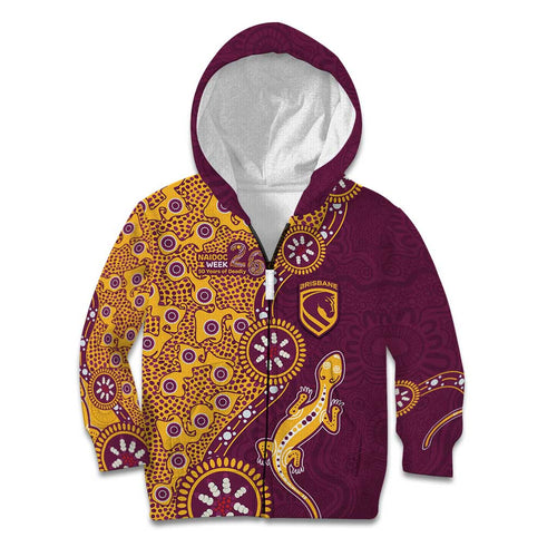 Brisbane Broncos NAIDOC Week 2026 Kid Hoodie Aboriginal Lizard Dot Painting - 50 Years of Deadly