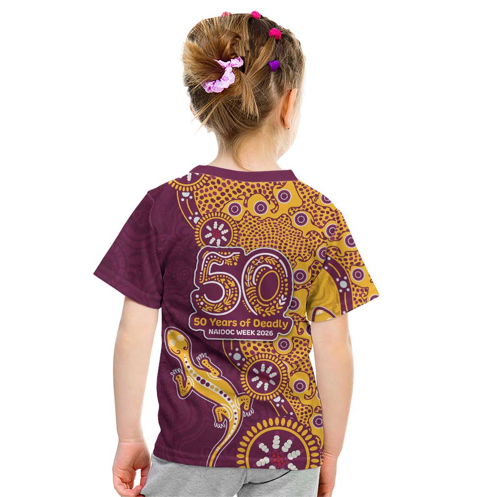 Brisbane Broncos NAIDOC Week 2026 Kid T Shirt Aboriginal Lizard Dot Painting - 50 Years of Deadly
