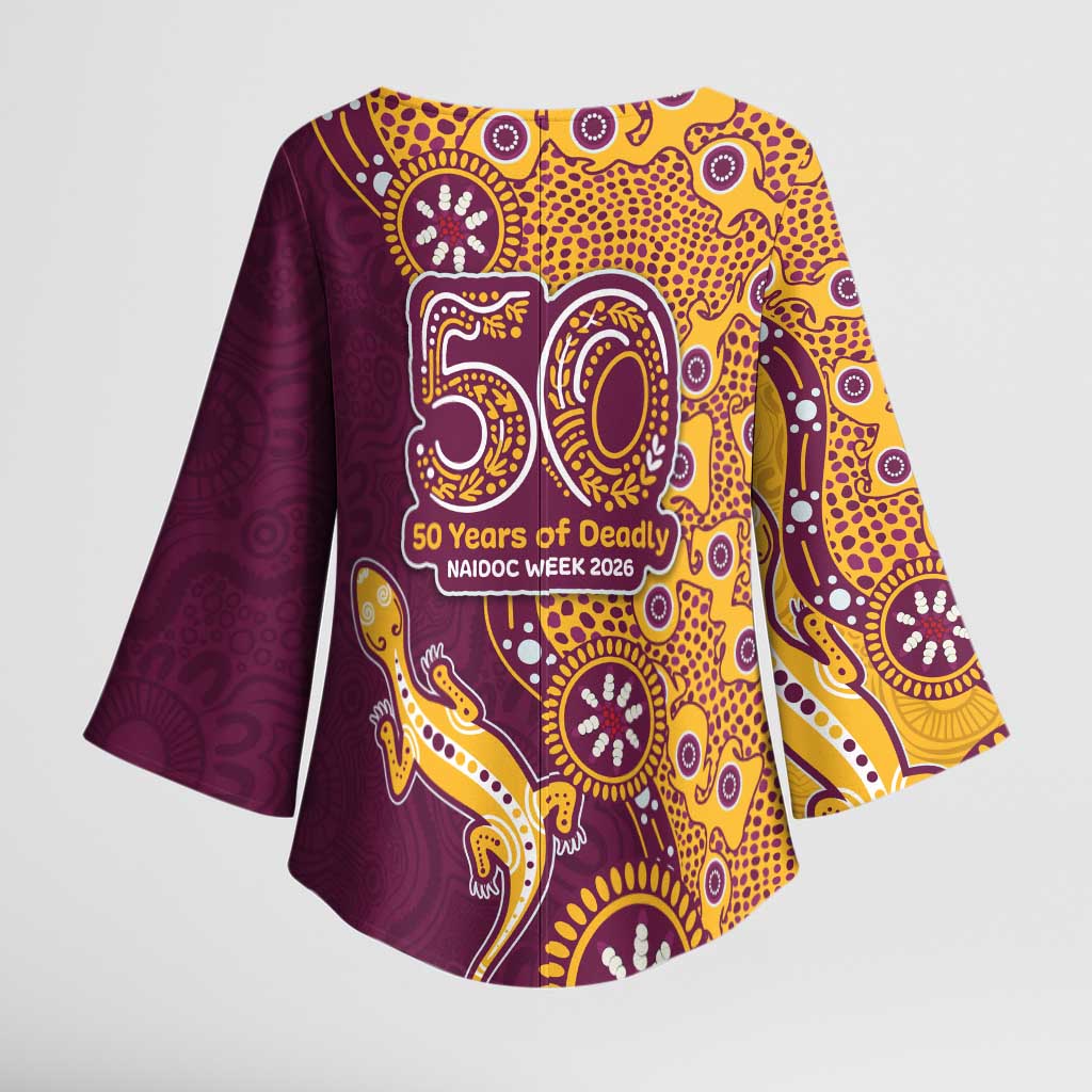 Brisbane Broncos NAIDOC Week 2026 Kimono Sleeve Blouse Aboriginal Lizard Dot Painting - 50 Years of Deadly