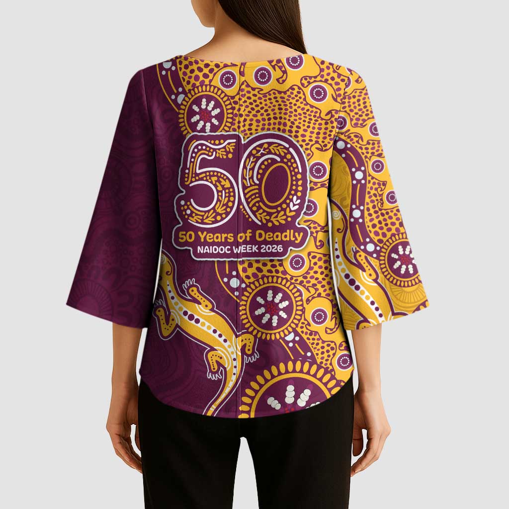 Brisbane Broncos NAIDOC Week 2026 Kimono Sleeve Blouse Aboriginal Lizard Dot Painting - 50 Years of Deadly