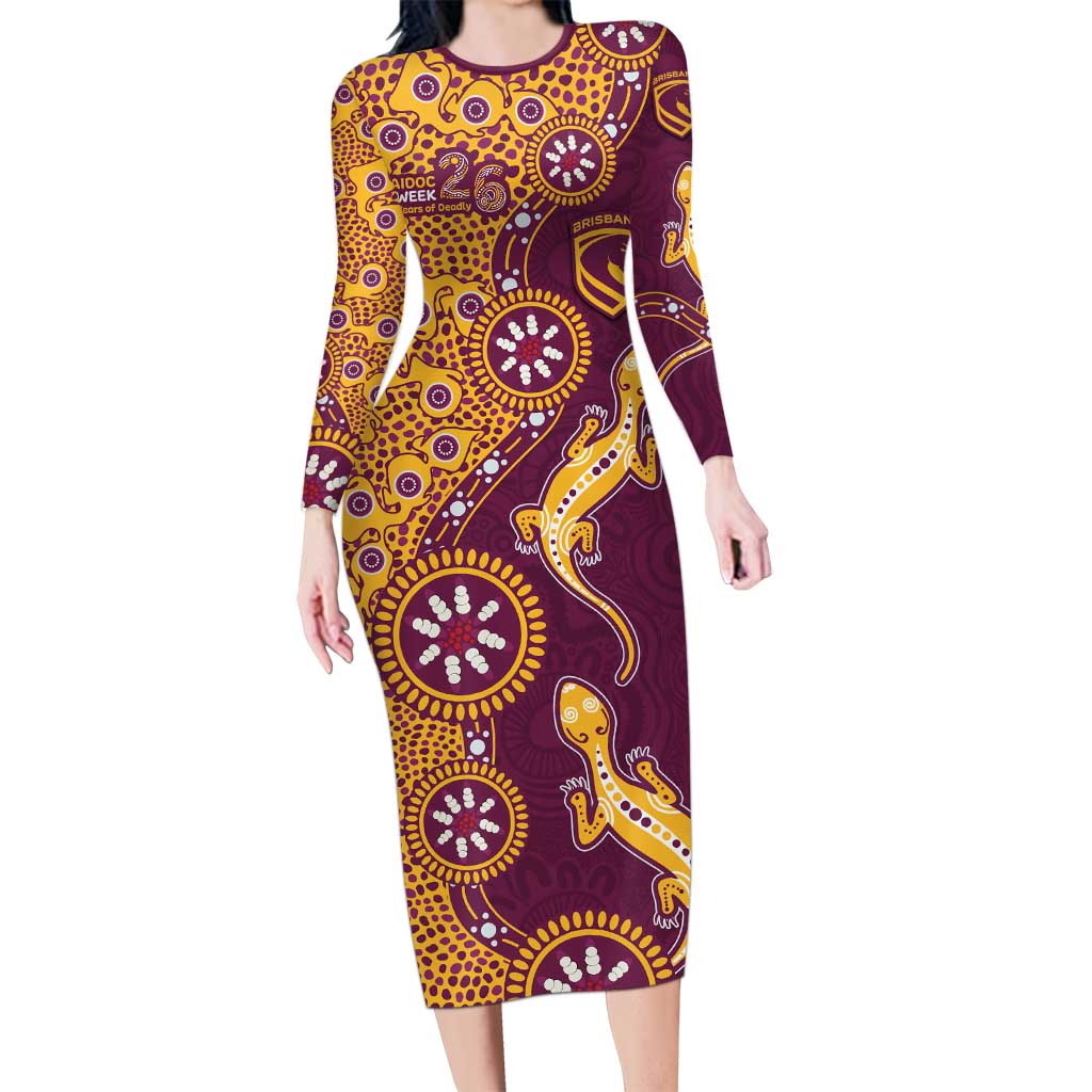 Brisbane Broncos NAIDOC Week 2026 Long Sleeve Bodycon Dress Aboriginal Lizard Dot Painting - 50 Years of Deadly