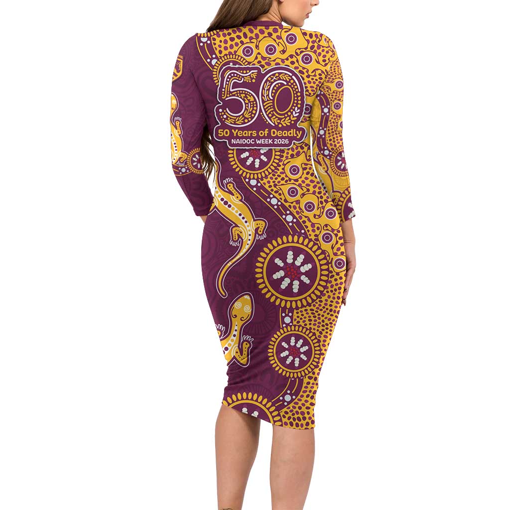 Brisbane Broncos NAIDOC Week 2026 Long Sleeve Bodycon Dress Aboriginal Lizard Dot Painting - 50 Years of Deadly