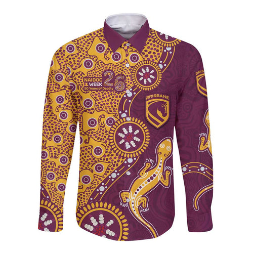 Brisbane Broncos NAIDOC Week 2026 Long Sleeve Button Shirt Aboriginal Lizard Dot Painting - 50 Years of Deadly