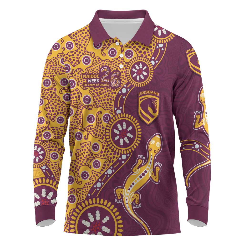 Brisbane Broncos NAIDOC Week 2026 Long Sleeve Polo Shirt Aboriginal Lizard Dot Painting - 50 Years of Deadly
