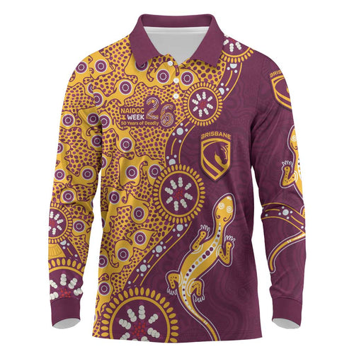 Brisbane Broncos NAIDOC Week 2026 Long Sleeve Polo Shirt Aboriginal Lizard Dot Painting - 50 Years of Deadly
